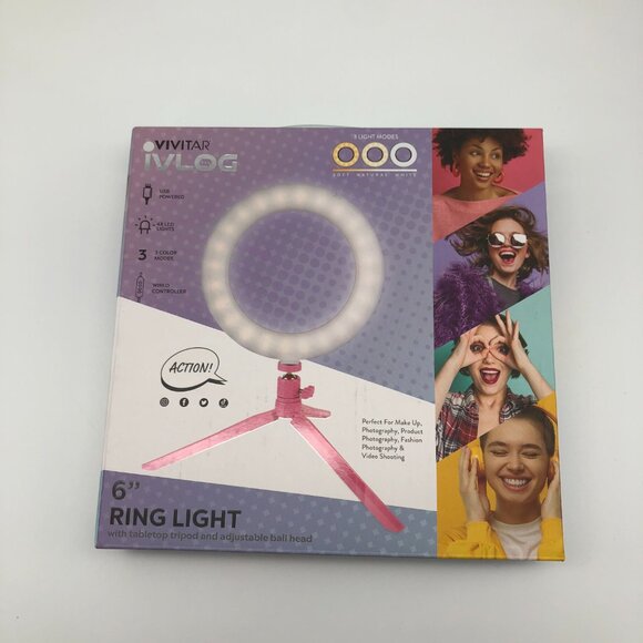 VIVITAR 6" Vlogging Ring Light & 7" Tabletop Tripod w Adjustable Ball Head, Pink - Picture 1 of 2